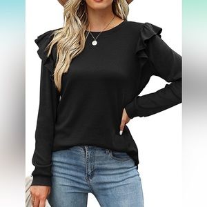 Dofaoo Long Sleeve Shirts for Women Casual Crewneck Ruffle Tops Loose Fit